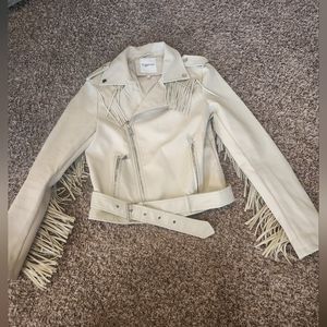 Copperose Faux Leather Fringed Moto Jacket Women's S Cream